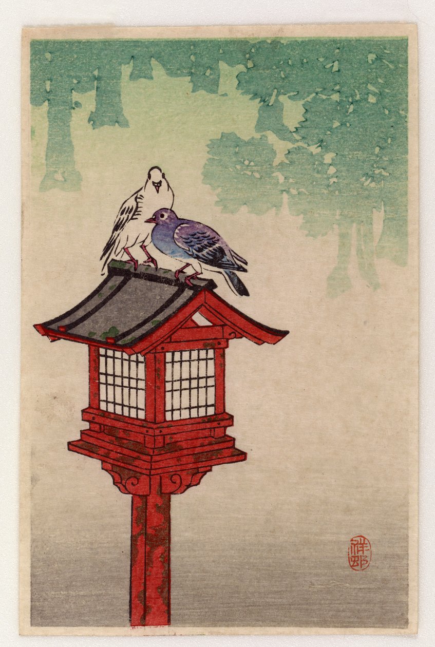 Kyyhkyset omistuslyhdyn päällä (värillinen puupalikkaprintti) tekijältä Ohara Koson