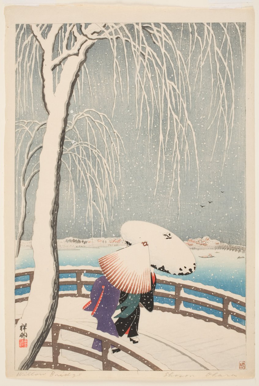 Willow Bridge (värillinen puupalikkaprintti) tekijältä Ohara Koson