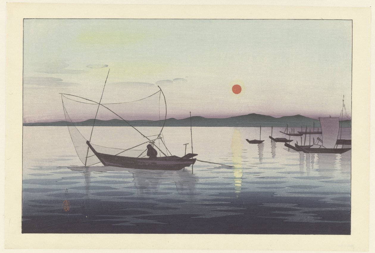 Veneitä ja laskevaa aurinkoa. tekijältä Ohara Koson