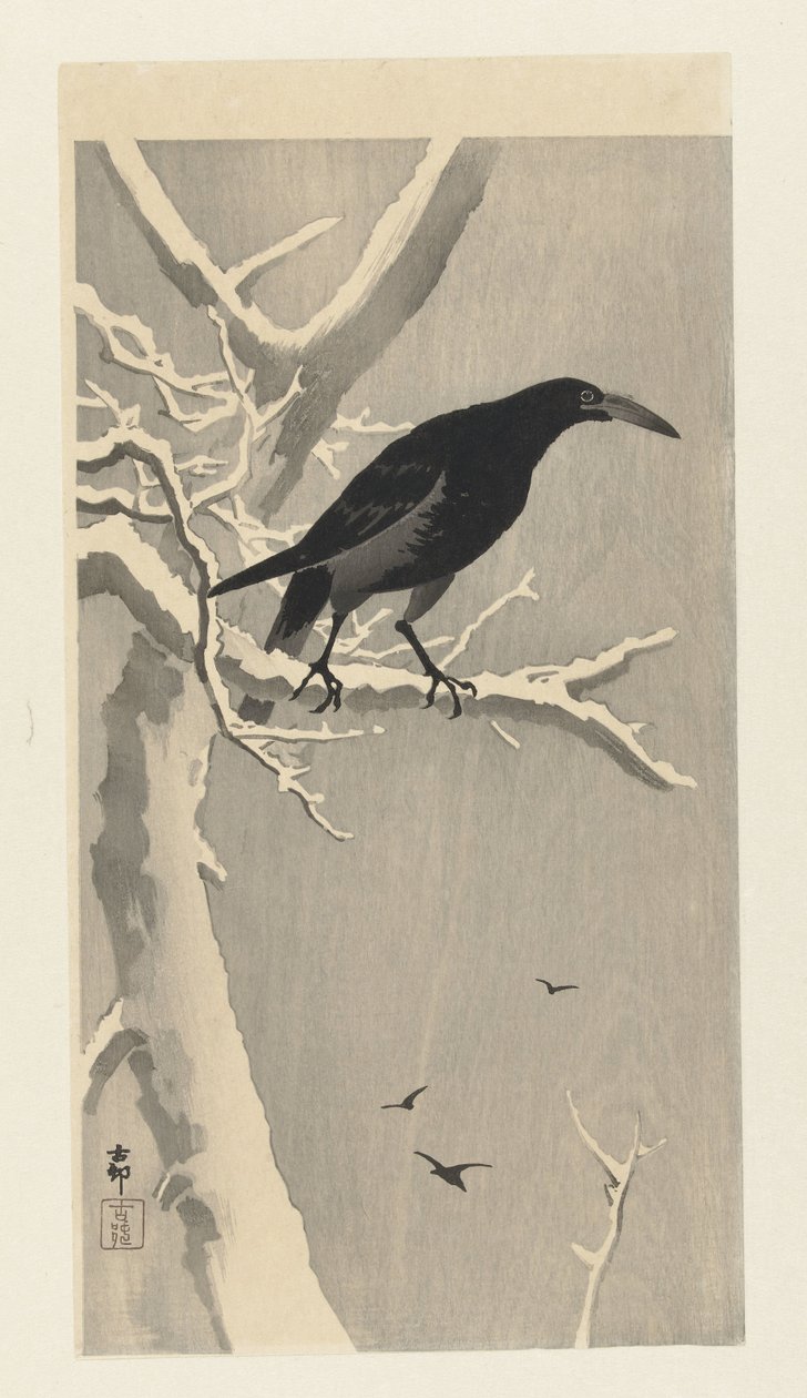 Varis lumisella puun oksalla. tekijältä Ohara Koson