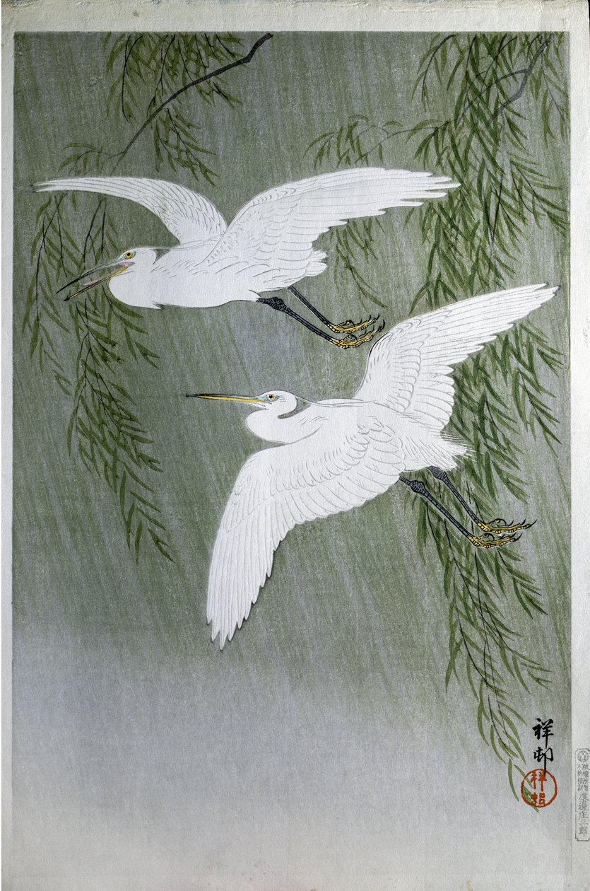 Two herons Flying Free, 1907 (värillinen puupiirros) tekijältä Ohara Koson