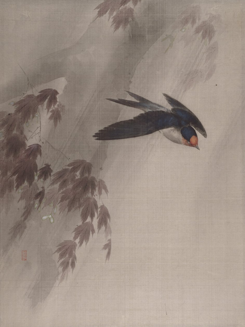 Pääskynen sateessa, n. 1891-92. tekijältä Okada Baison
