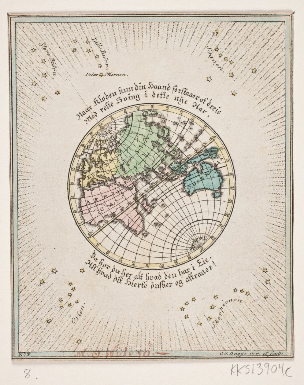 Mapa del món amb acabat de poema tekijältä Oluf Olufsen Bagge