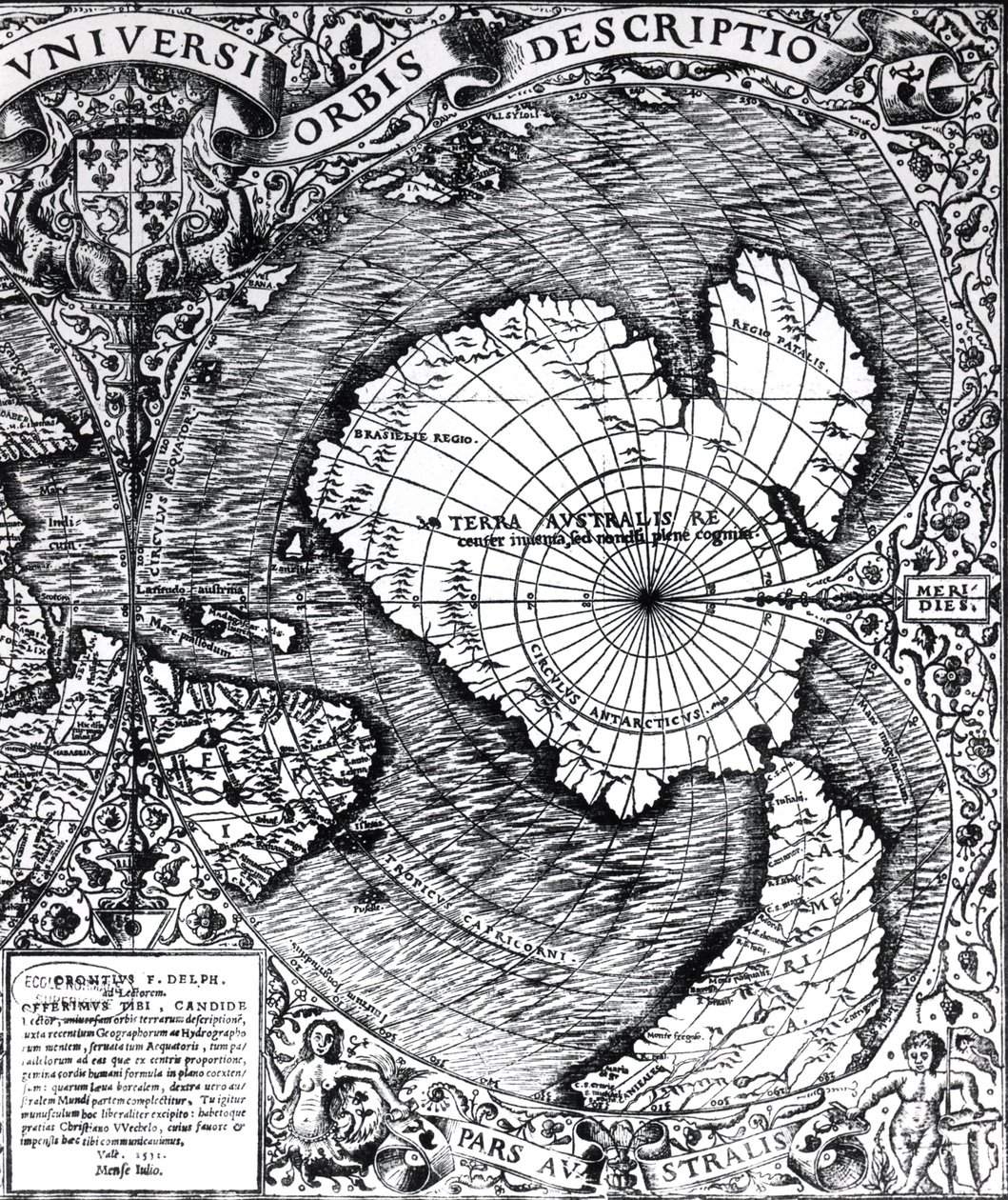 Etelänapa, yksityiskohta "Mappamonde a Projection Cordiforme", 1531 tekijältä Oronce Fine
