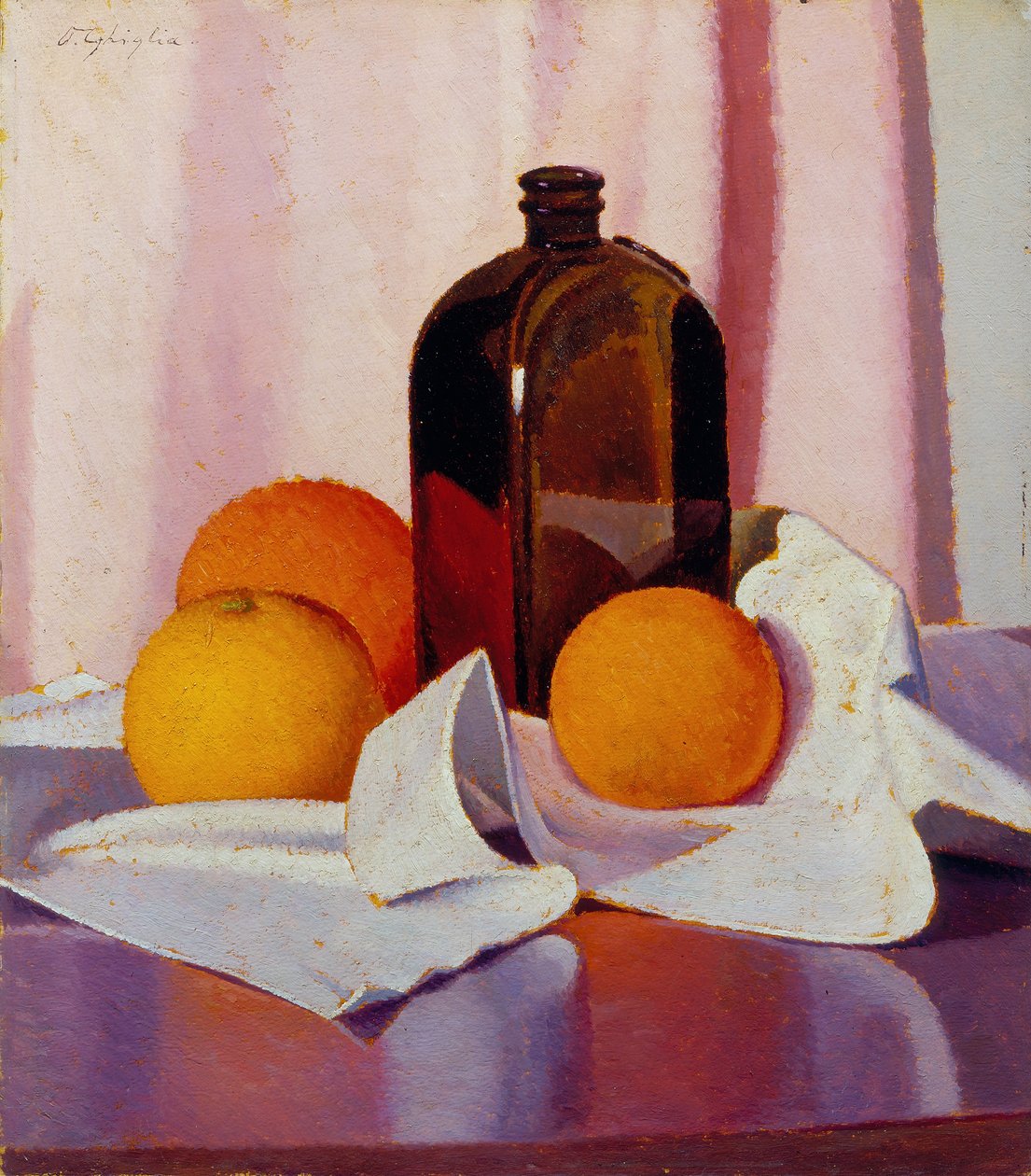Appelsiinit ja pullo, n.1930-40 (öljy kartongille). tekijältä Oscar Ghiglia