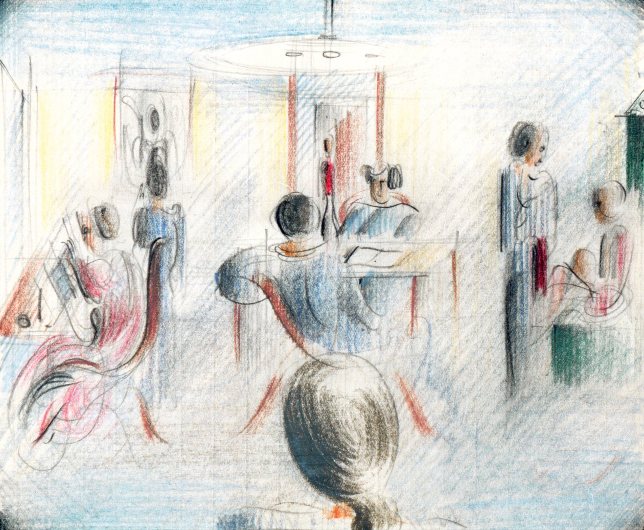 Figures in a Room, 1936 (lyijykynä ja väriliitu grafiikkapaperille). tekijältä Oskar Schlemmer
