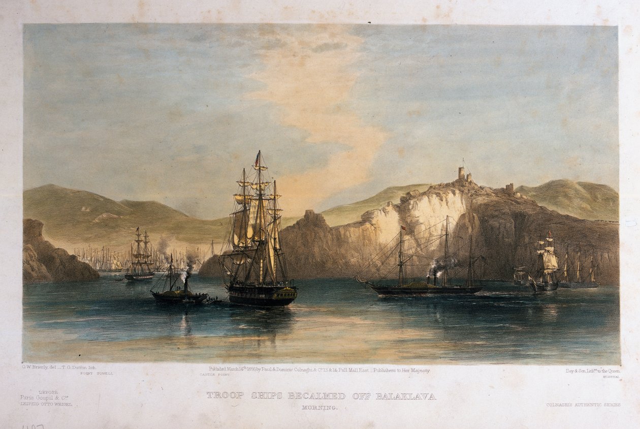 Joukkolaivat rauhoittuivat Balaklava, Morning, kaiverrettu T.G. Dutton, Colnaghi und Co., 1855 tekijältä Oswald Walters Brierly