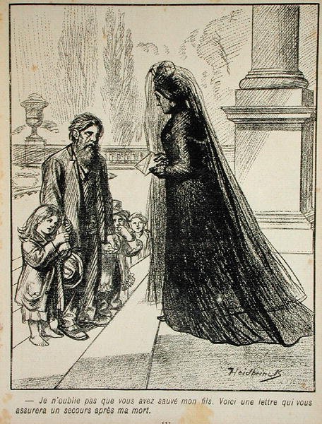 En unohda, että pelastit poikani. Tässä on kirje, jossa vakuutetaan, että sinusta huolehditaan kuolemani jälkeen., lAssiette au Beurre, 1901 tekijältä Oswald after Heidbrinck