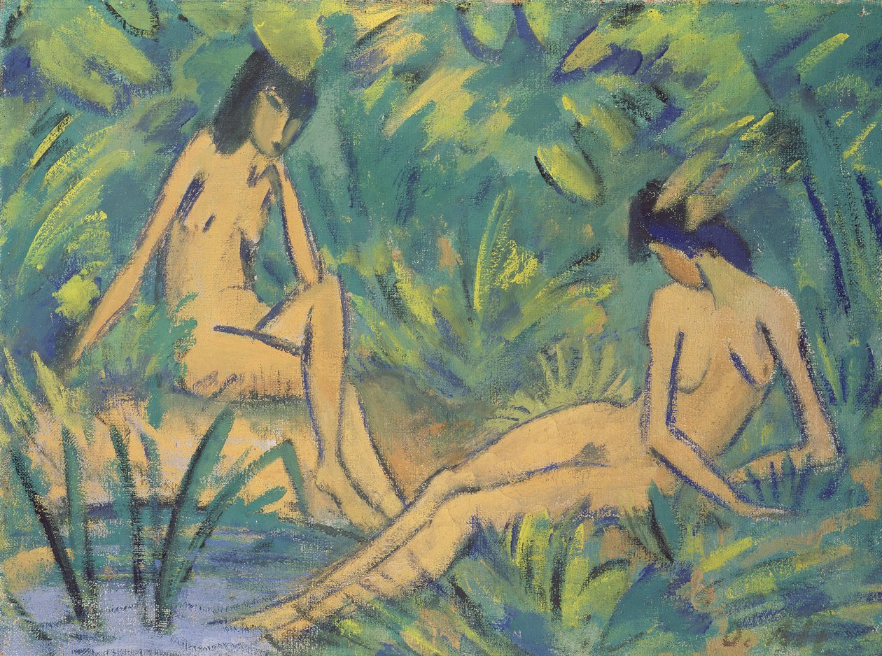 Tytöt istuvat veden äärellä, n. 1920 (tempera hessiankielellä) tekijältä Otto Mueller