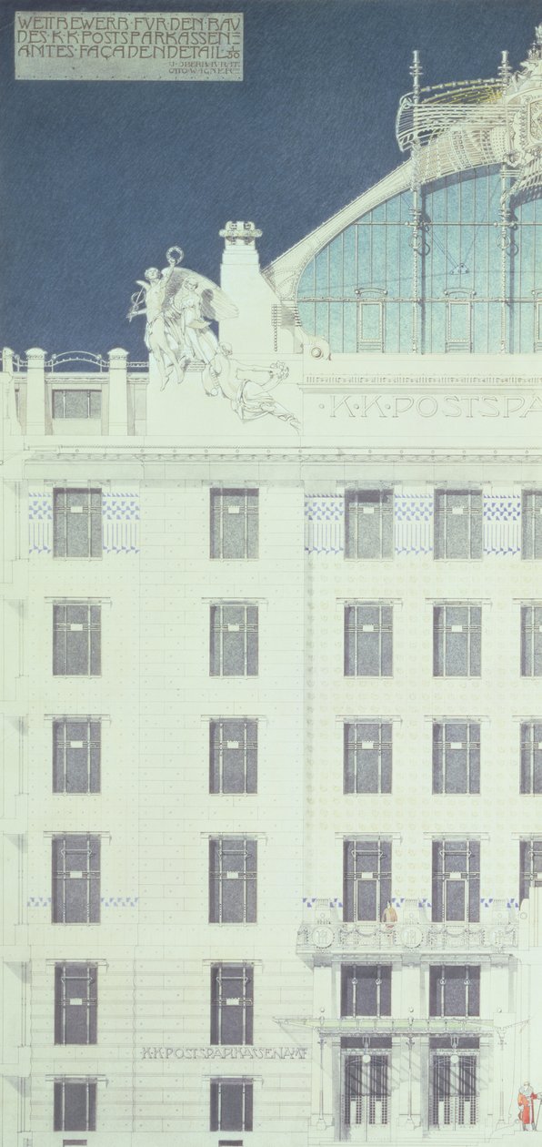 Post Office Savings Bank, Wien, julkisivun yksityiskohtia kuvaava kuvio, n. 1904-06 (värikynä) tekijältä Otto Wagner