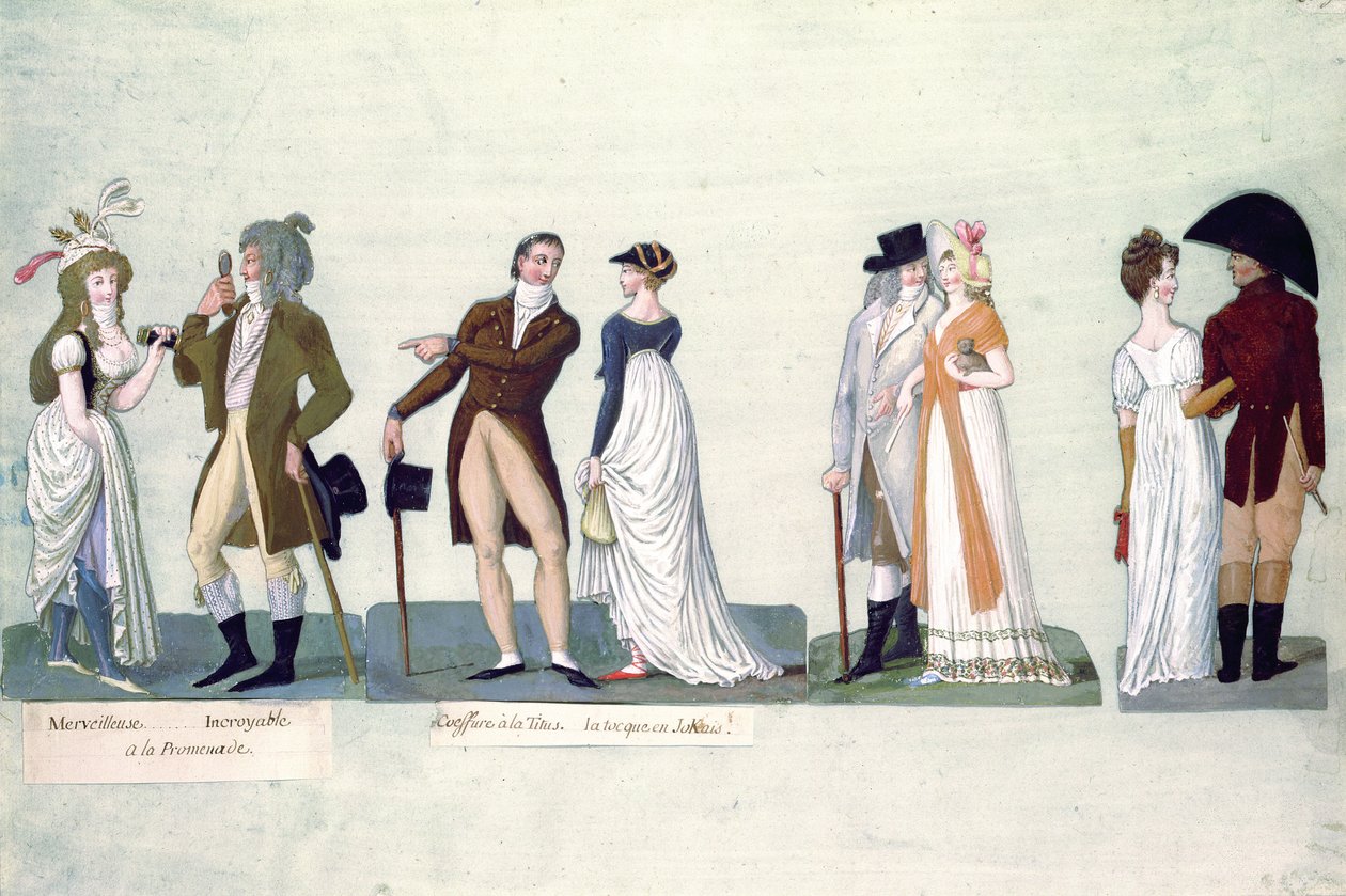 Fol.50 Merveilleuse...Incroyable promenading; Coiffure a la Titus...Tocque Jockey-tyyliin (guassi) tekijältä P. A. and J.B. Lesueur