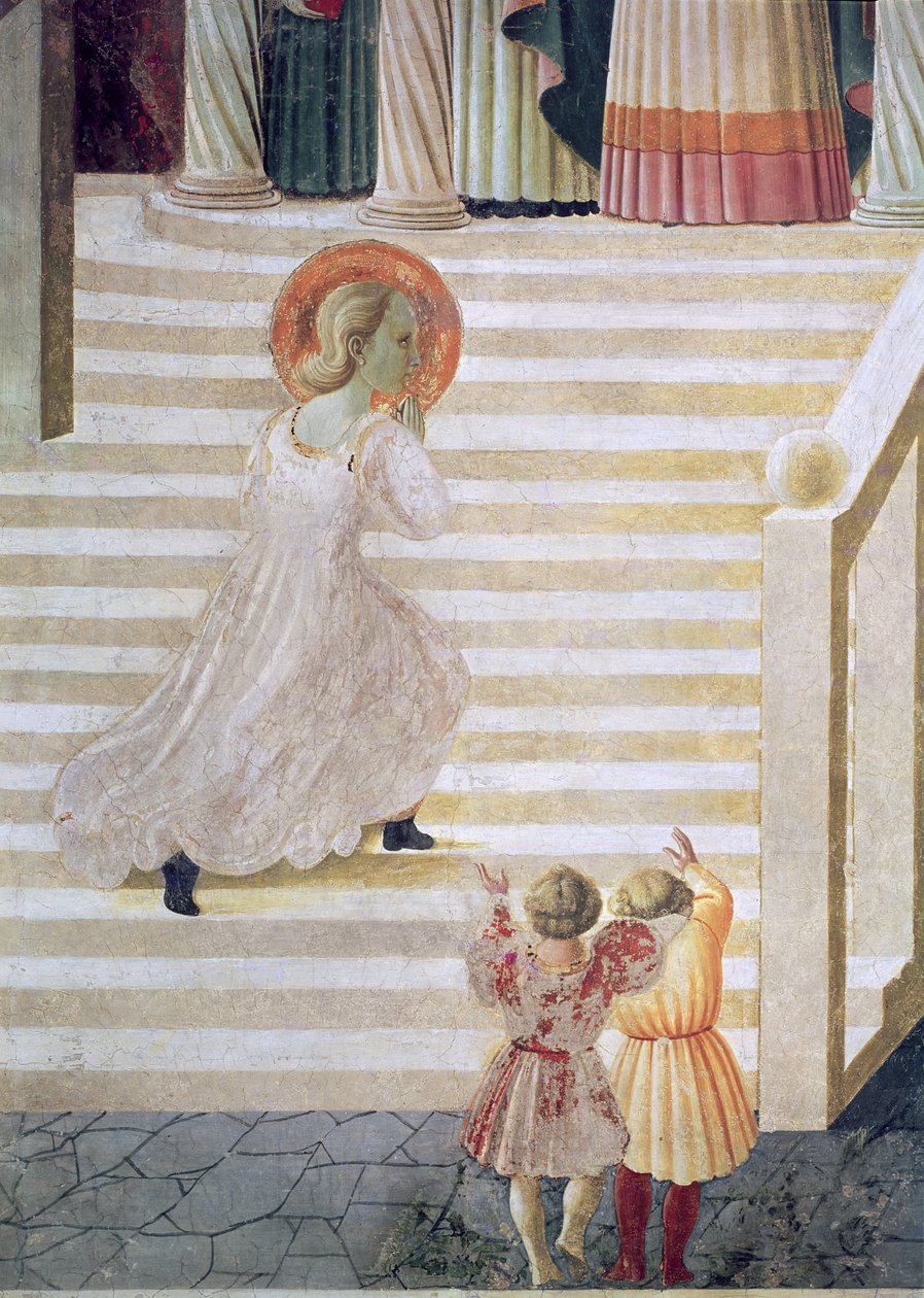 Neitsyt Maria nousemassa portaikkoa Marian esittelyssä temppelissä, 1433-34 (yksityiskohta) tekijältä Paolo Uccello