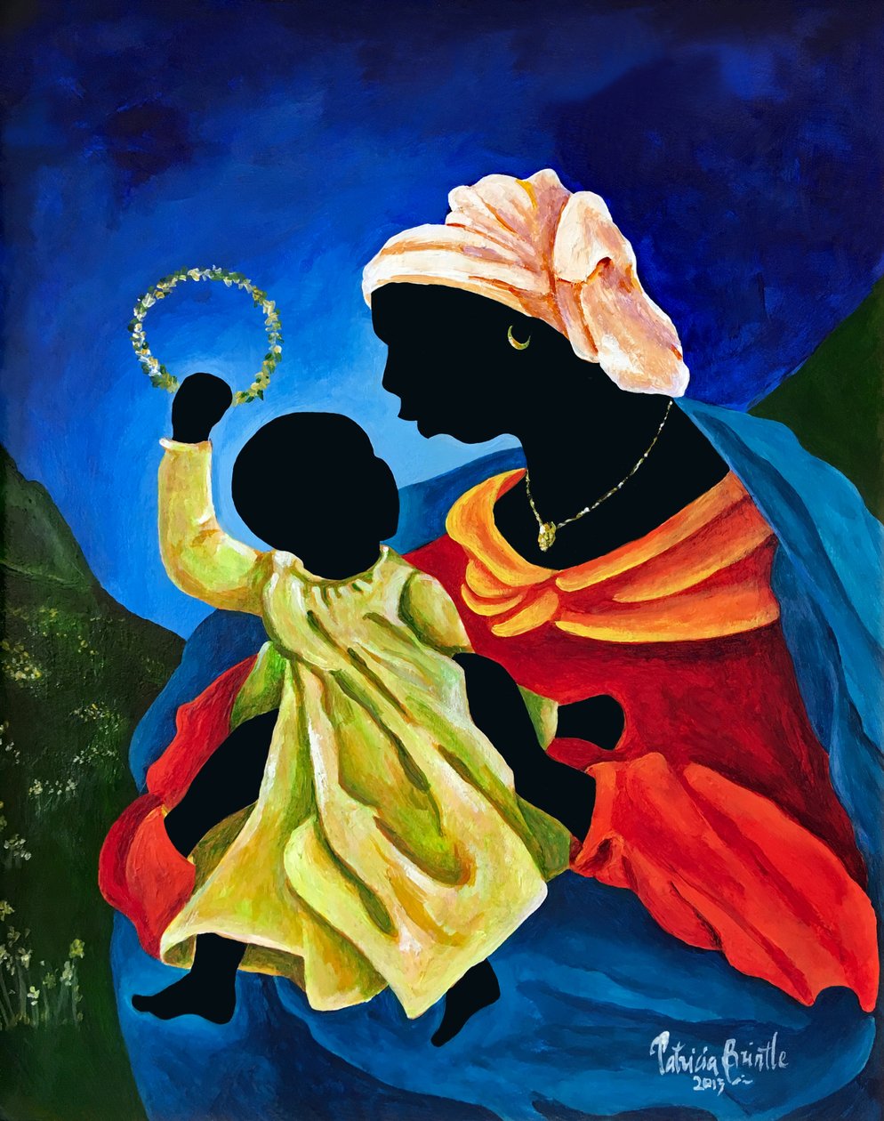 Madonna ja lapsi kukkakruunulla, 2015 (akryyli masoniitilla) tekijältä Patricia Brintle
