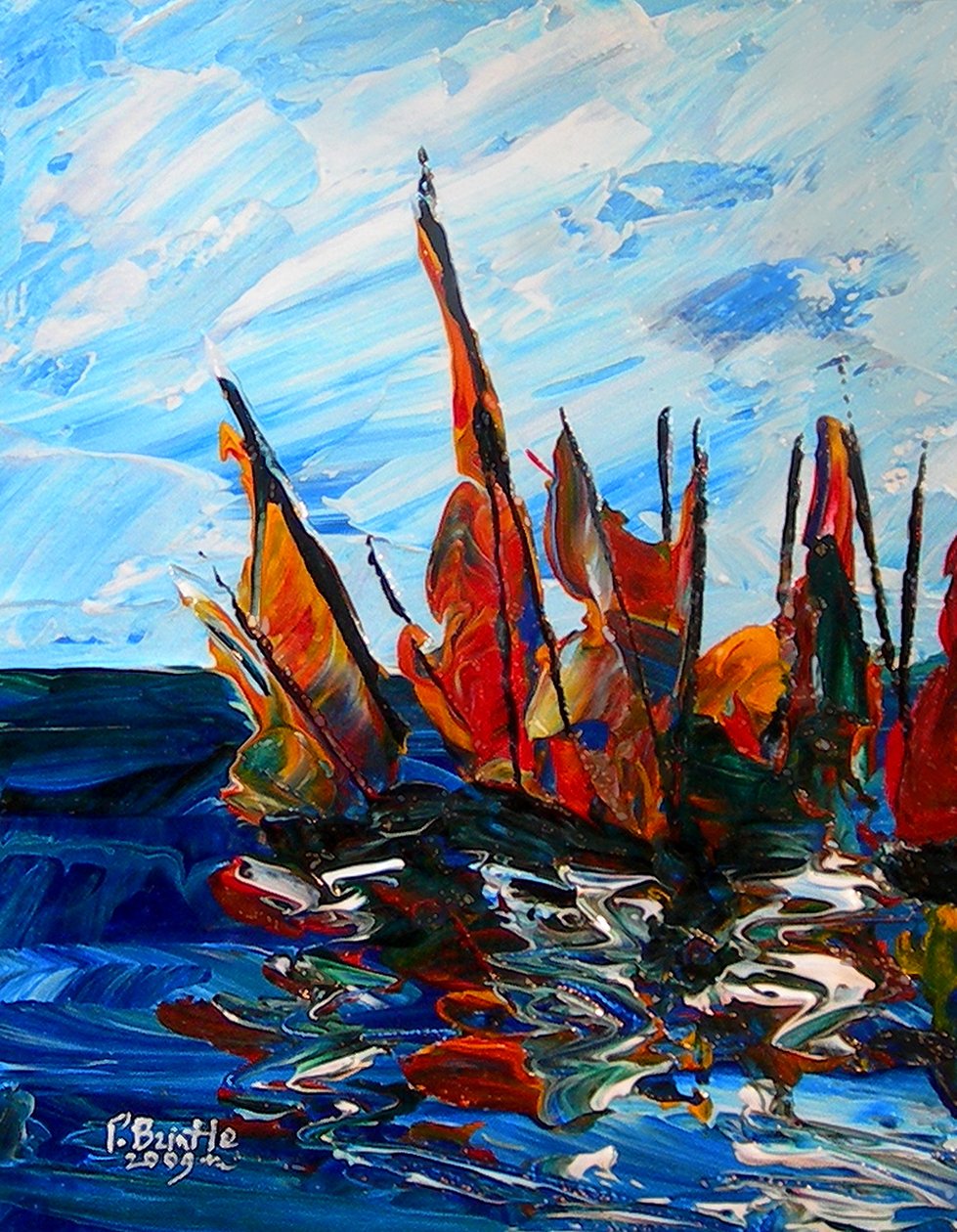 Purjeveneet bainetin satamassa, 2009 (akryyli puulle) tekijältä Patricia Brintle