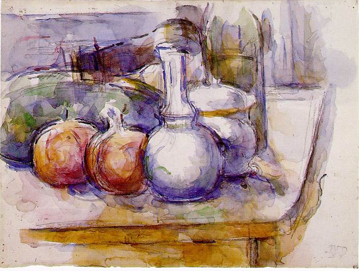 Asetelma: karahvi, pullo, granaattiomena, vesimeloni, 1900-06 (wc ja musta liitu paperille) tekijältä Paul Cézanne