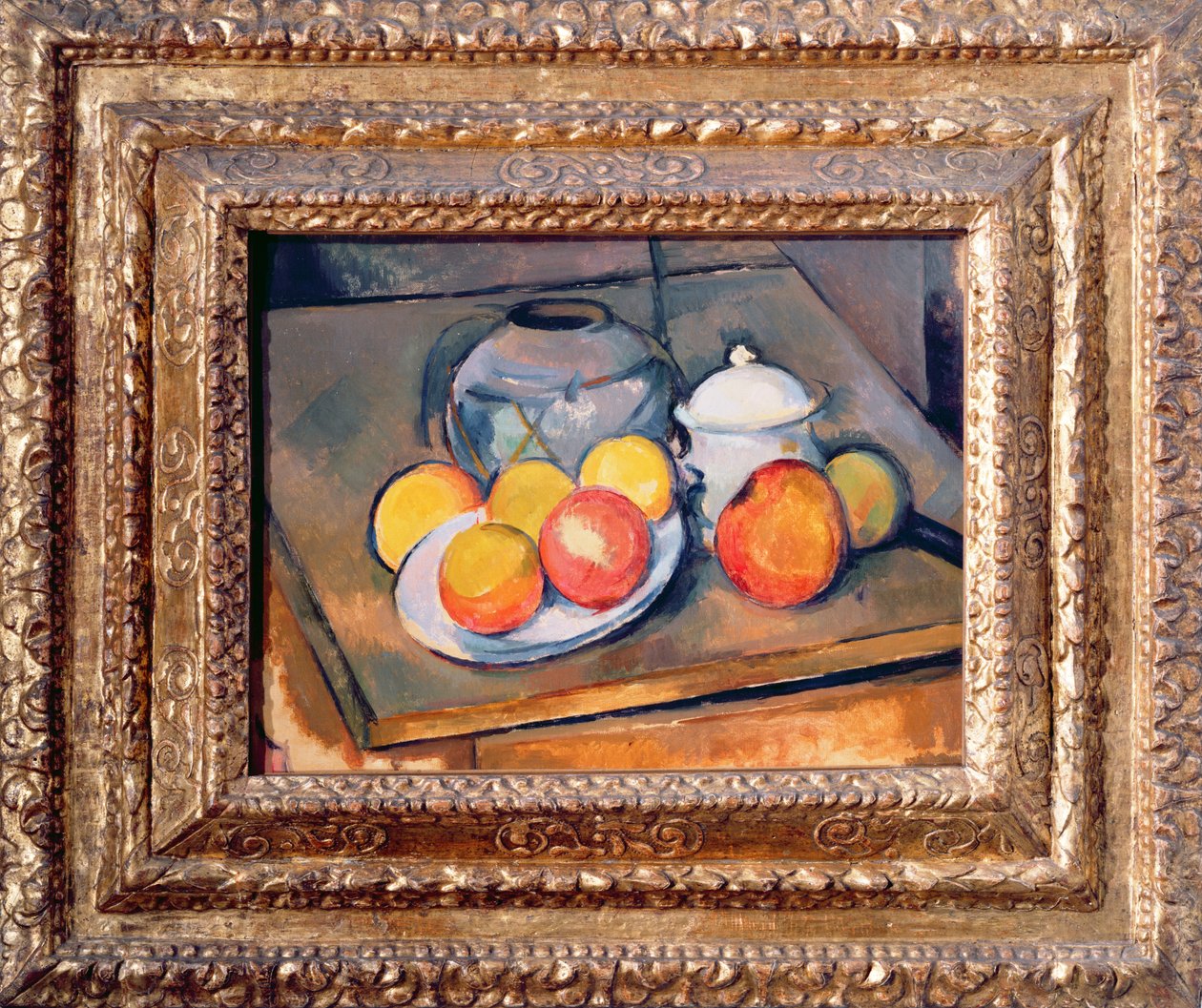 Olkipäällysteinen maljakko, sokerikulho ja omenat, 1890-93 (katso myös 393804) tekijältä Paul Cézanne