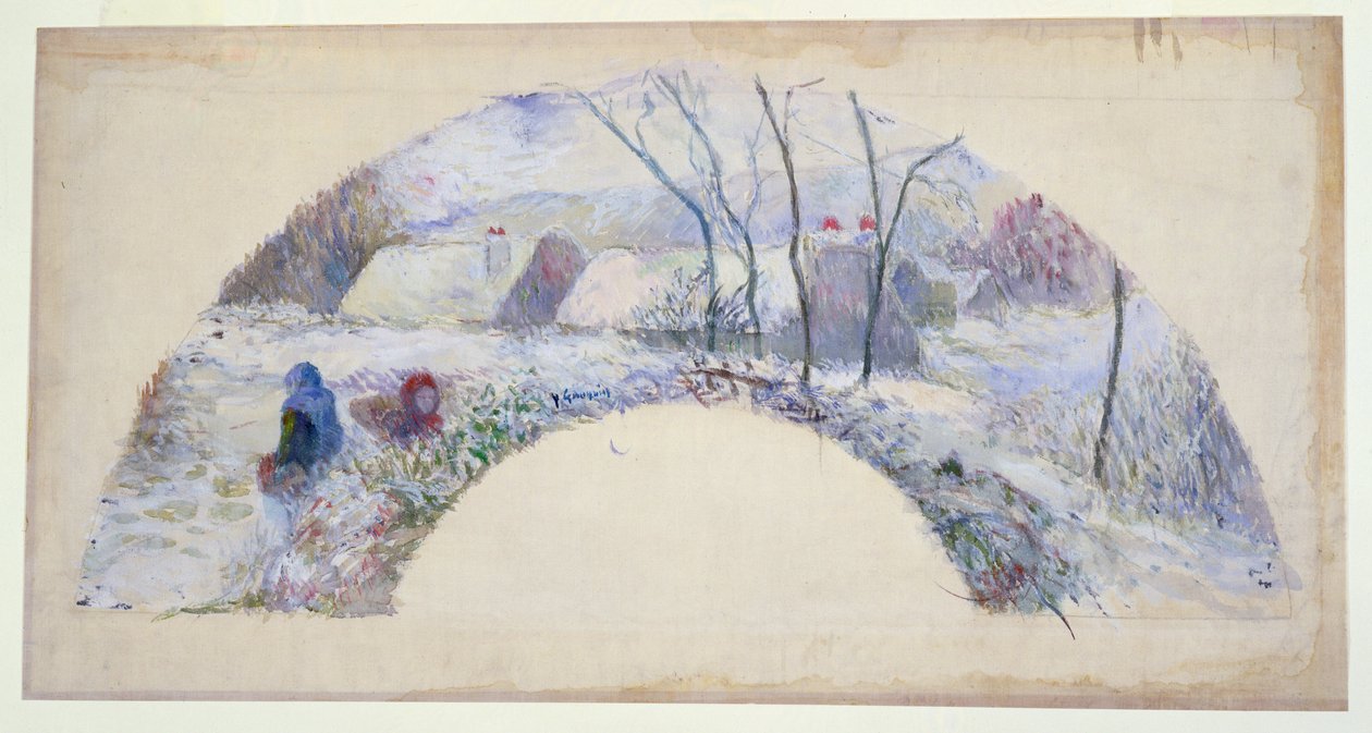 Puutarha lumen alla, design tuulettimelle, n.1885 (wc ja vartaloväri mustan liidun päällä hienolla pellavalla) tekijältä Paul Gauguin