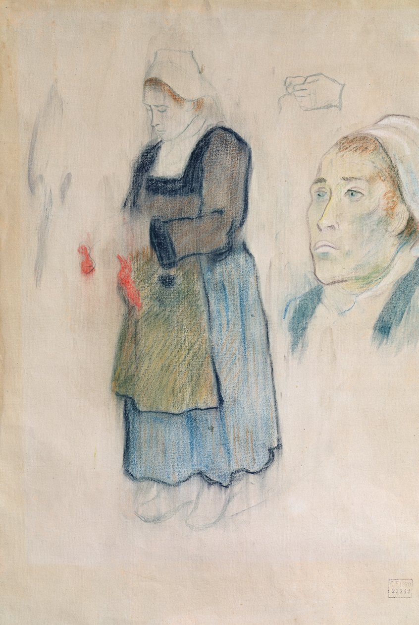 Tutkimuksia Bretonin talonpoikaisista, 1888 (punainen liitu, hiili ja pastelli beigelle paperille) tekijältä Paul Gauguin