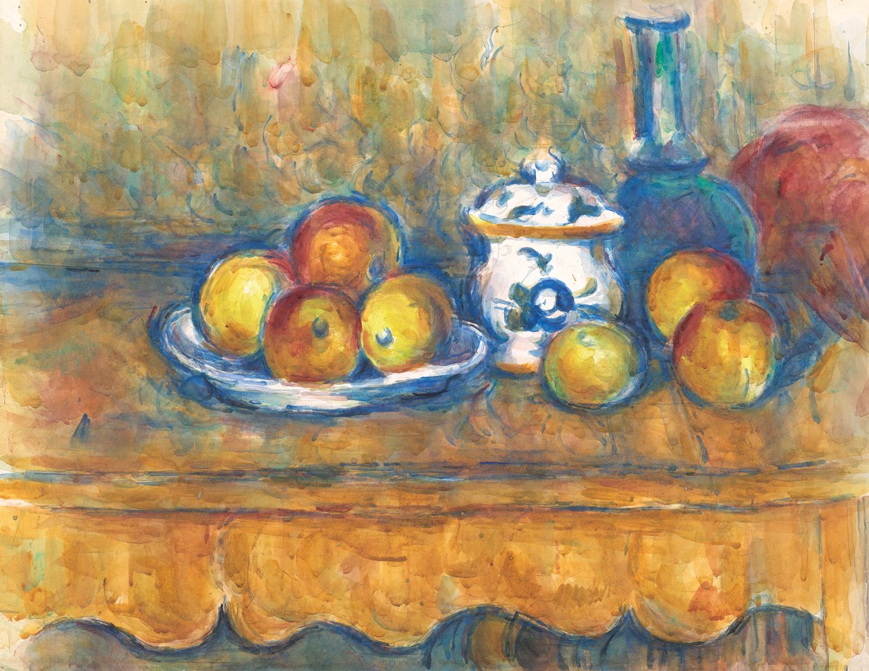 Asetelma sinisellä pullolla, sokerikulholla ja omenoilla tekijältä Paul Cézanne