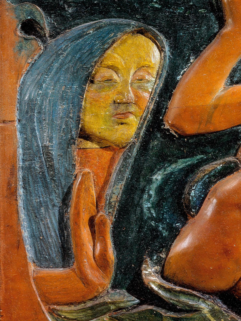 Ole salaperäinen (yksityiskohta) 1890 (monivärinen puuveisto) tekijältä Paul Gauguin