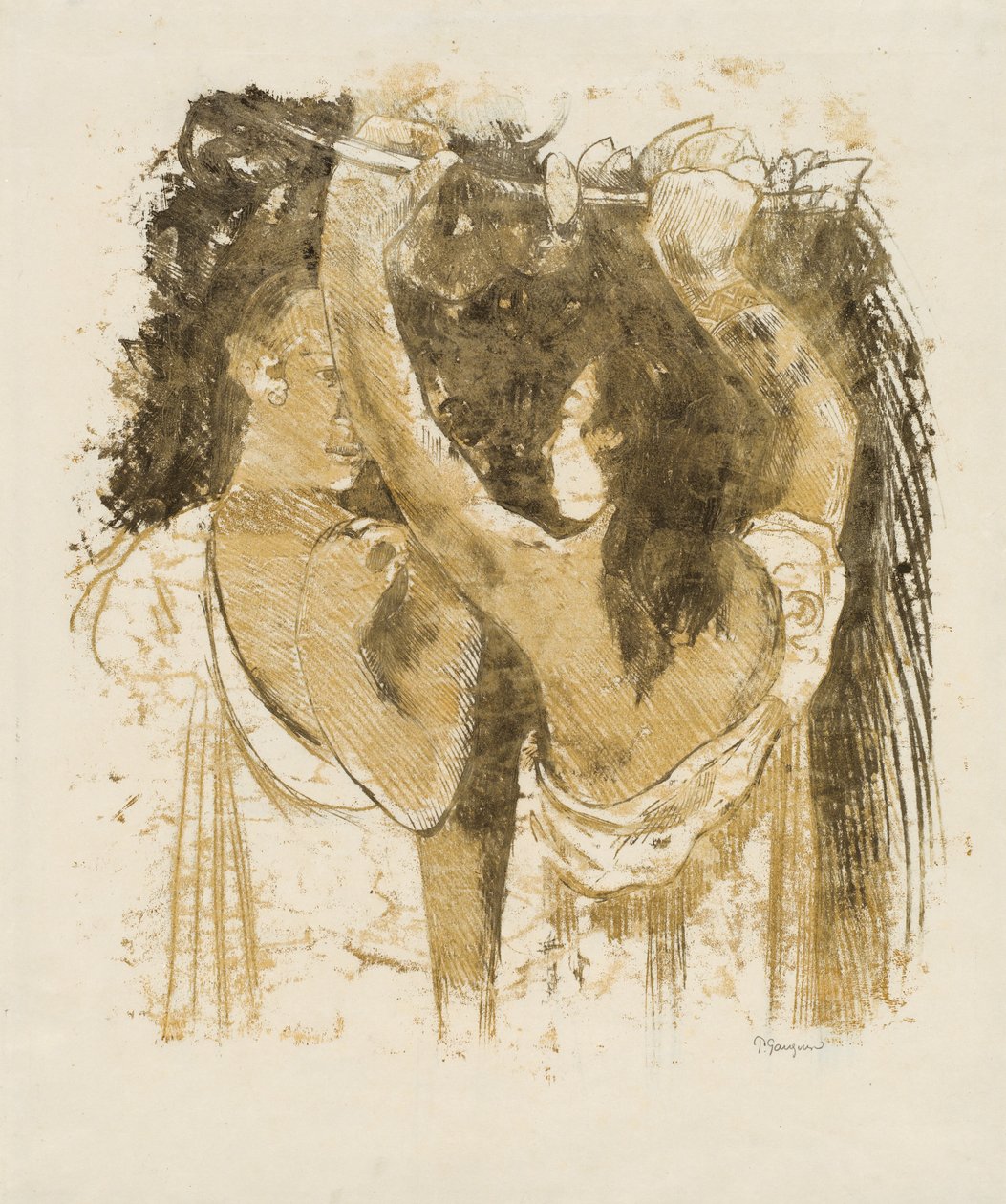 Kaksi tahitilaista kerää hedelmiä [recto] tekijältä Paul Gauguin