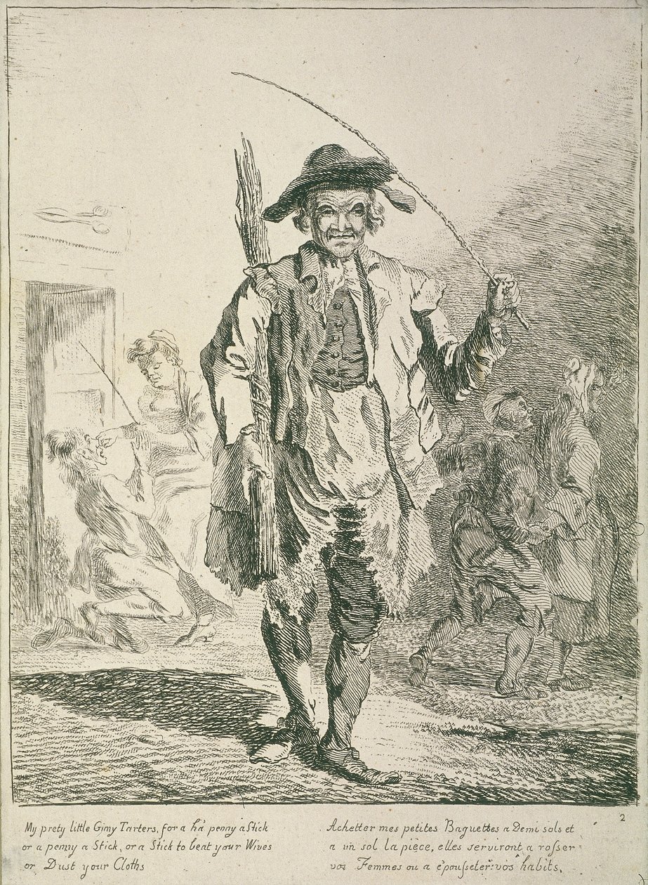 Tikkumyyjä, Cries of London, 1760 tekijältä Paul Sandby