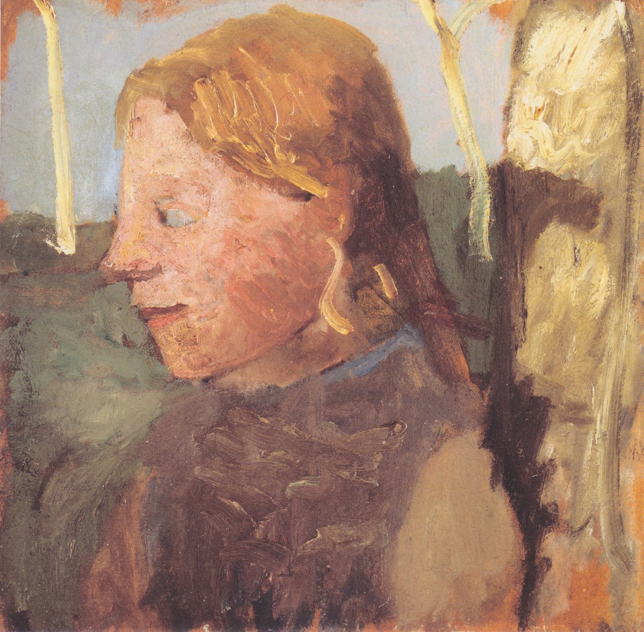 Puolipitkä muotokuva tytöstä profiilissa koivunrungon vieressä. tekijältä Paula Modersohn Becker