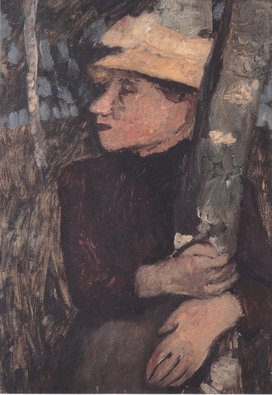 Nainen olkihattu päässä koivujen välissä tekijältä Paula Modersohn Becker