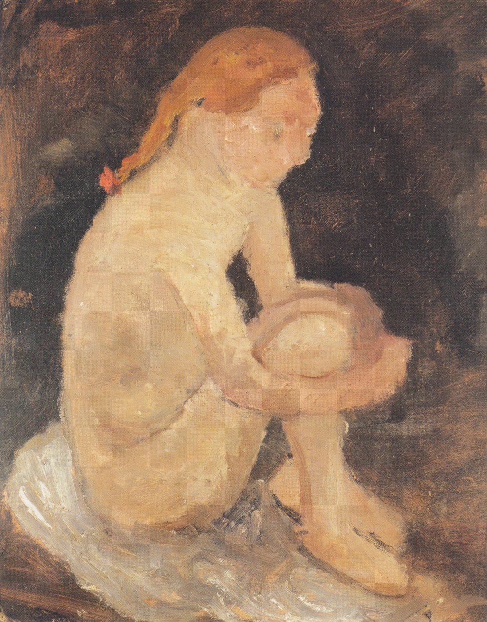 Istuva alaston tyttö oikealla, jalat ylös vedettyinä. tekijältä Paula Modersohn Becker