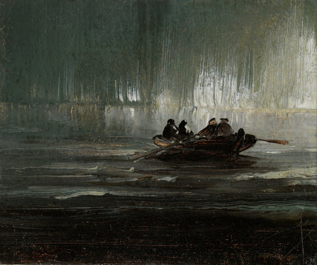Revontulet neljän miehen yllä soutuveneessä tekijältä Peder Balke
