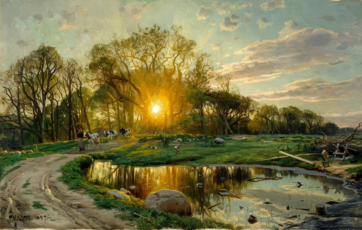 Heimbringen der Kühe bei Sonnenuntergang tekijältä Peder Monsted