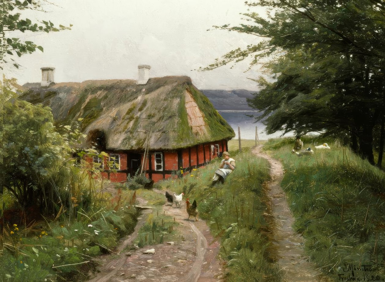 Kesäidylli kalastusmajan edessä tekijältä Peder Monsted