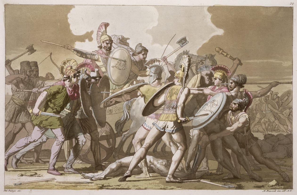 Kreikkalaiset ja troijalaiset taistelevat Patrokloksen ruumiista, levy 34 Jules Ferrarion "Le Costume Ancien et Moderne" -kirjoituksesta, kaiverrus Angelo Biasioli (1790-1830), julkaistu 1820-30-luvulla tekijältä Pelagio Palagi
