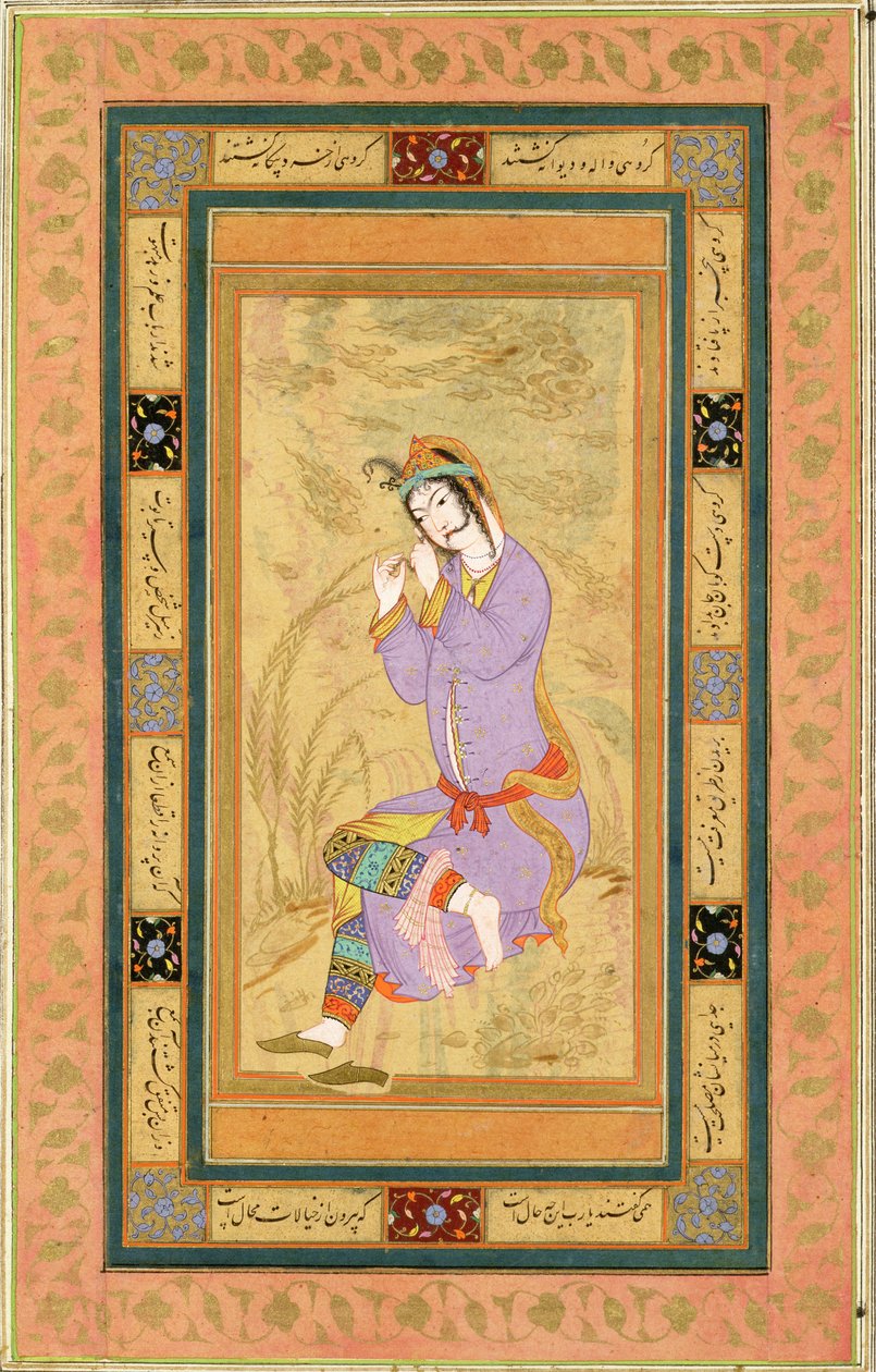 Istuva tyttö, joka kihartaa hiuksensa sormuksiin, Large Clive Albumista, n. 1600-10 tekijältä Persian School