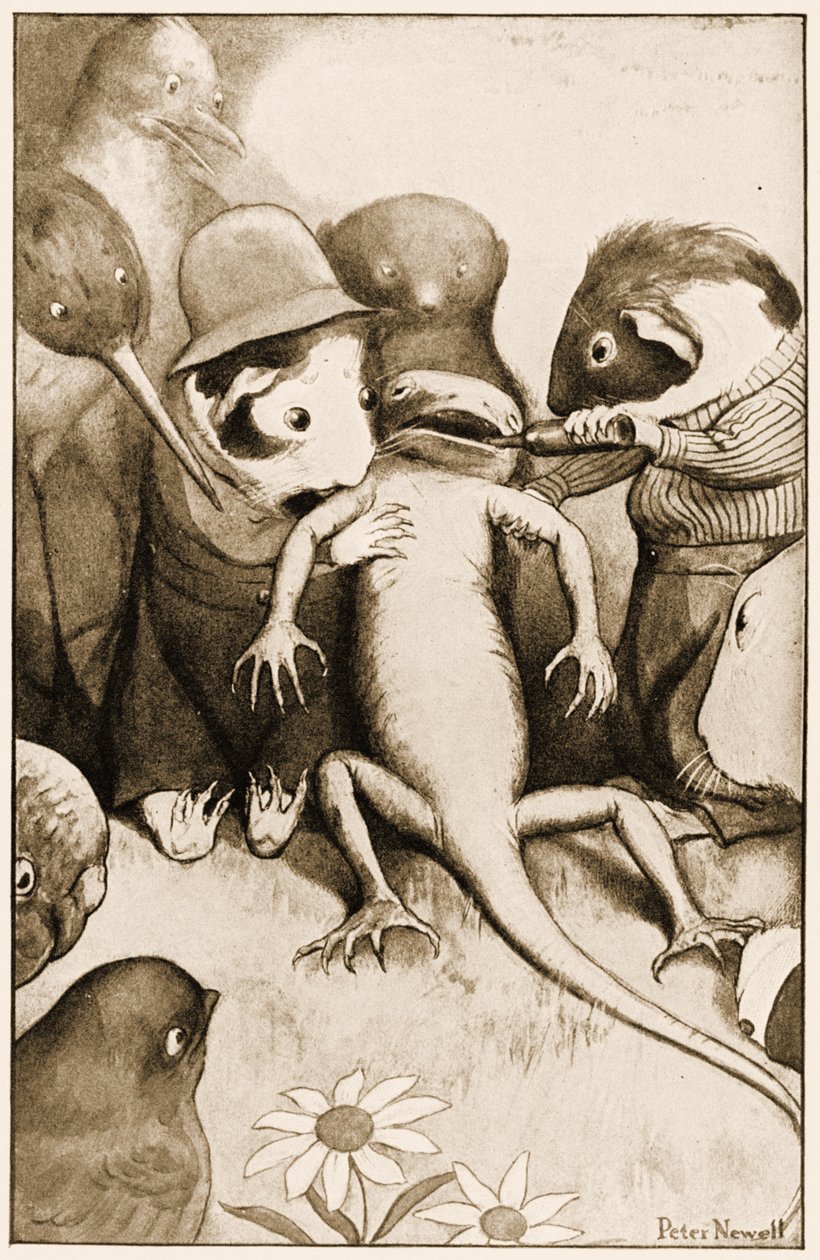 Köyhä pikku lisko Bill oli keskellä, pidettiin pystyssä, kuva Lewis Carrollin Alices Adventures in Wonderland, 1901. tekijältä Peter Newell