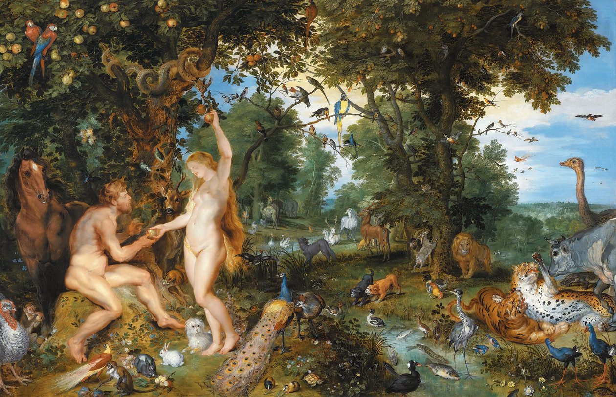 Het aards paradijs tapasi Zondeval van Adam en Evan tekijältä Peter Paul Rubens