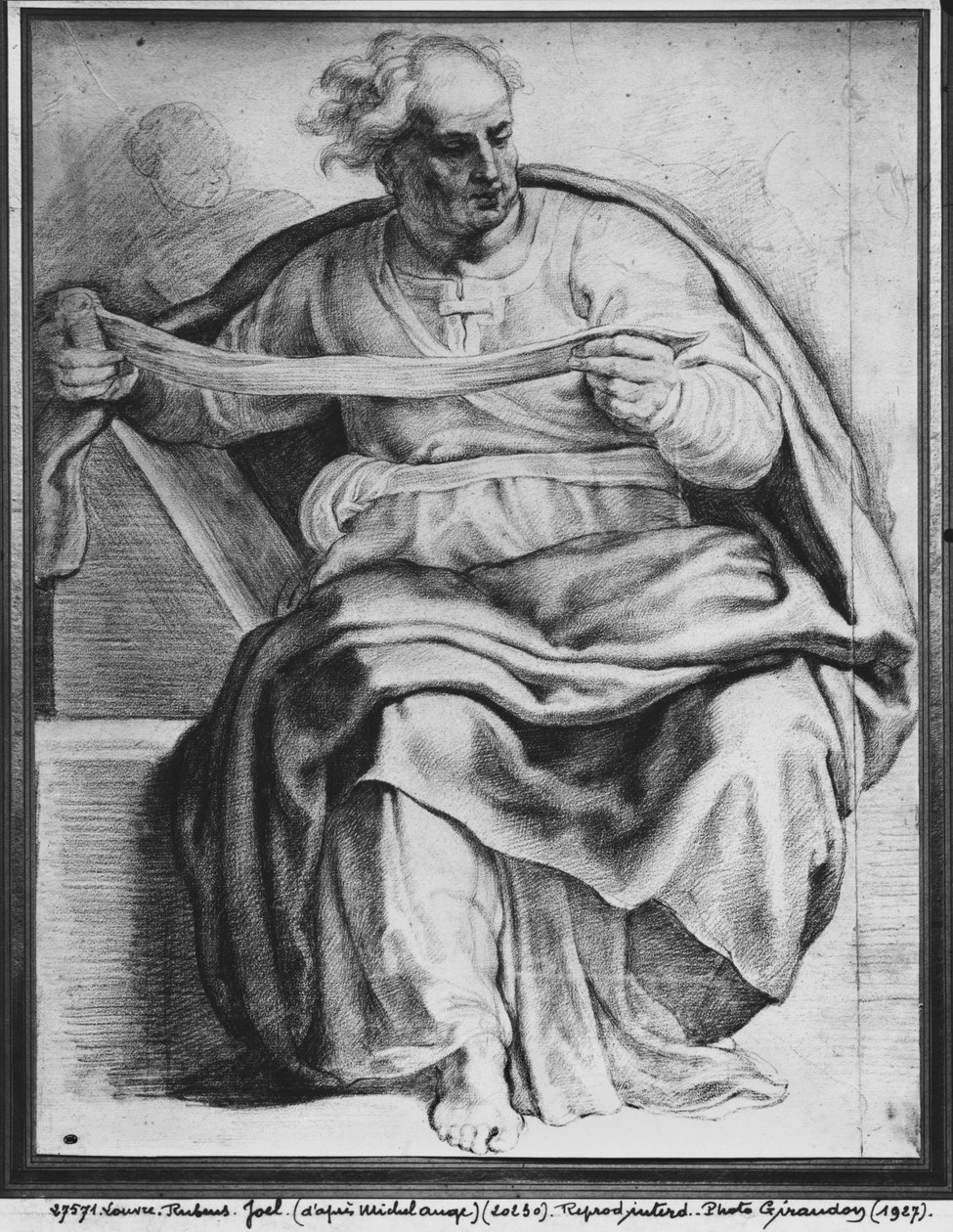 Profeetta Joel Michelangelo Buonarrotin mukaan (pierre noire ja punainen liitu paperille) tekijältä Peter Paul Rubens