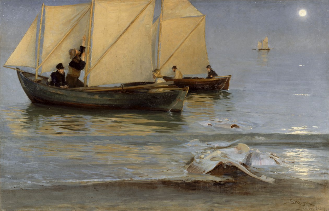 Skagboere går ud på nattefiskeri. Sildig Sommeraften. tekijältä Peder Severin Krøyer