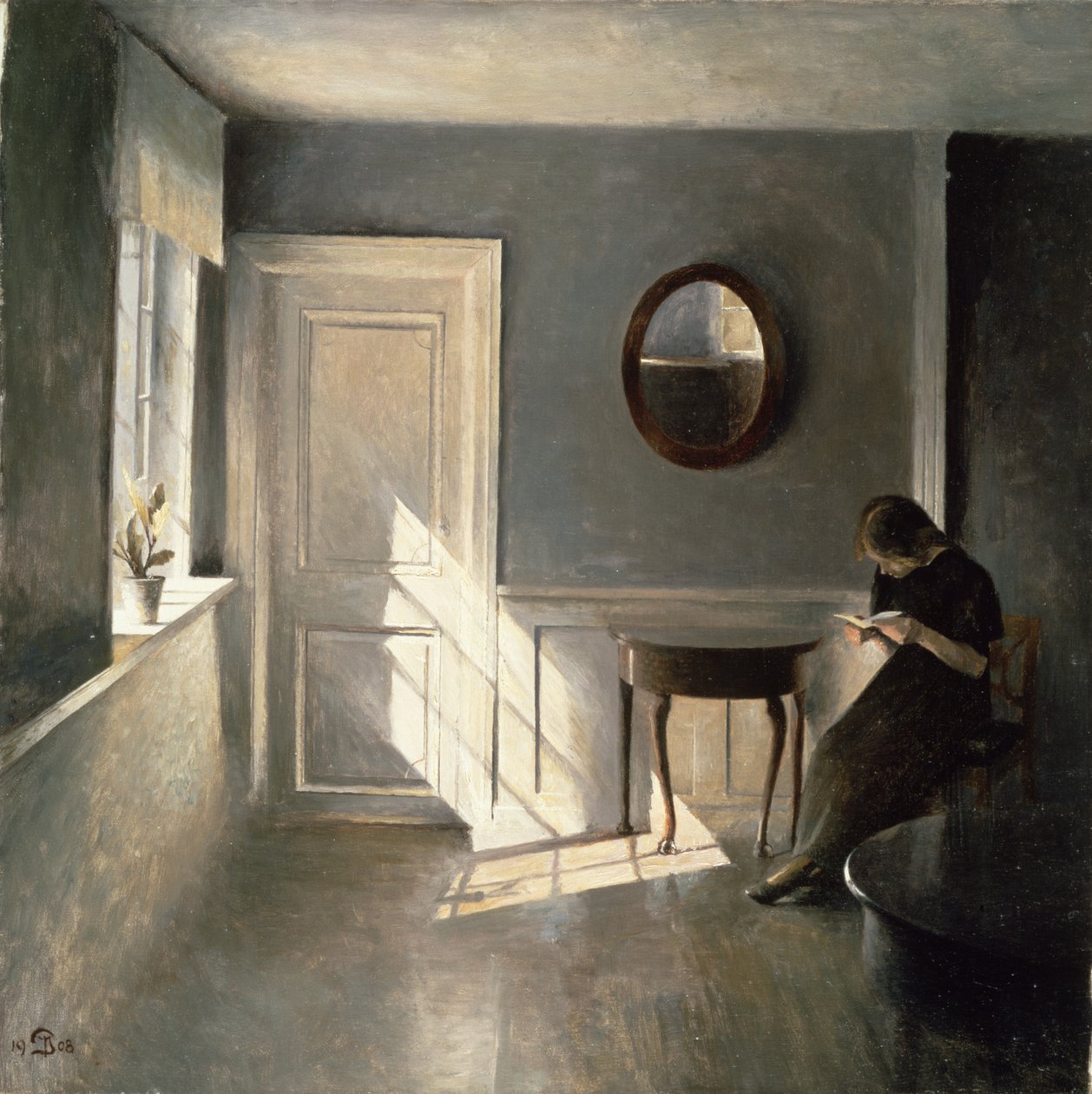 Tyttö lukee kirjettä sisätiloissa, 1908 tekijältä Peter Vilhelm Ilsted