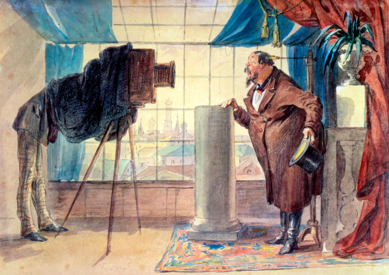 "Kauppias valokuvaajan luona", 1860-luku. tekijältä Petr Mikhailovich Shmel