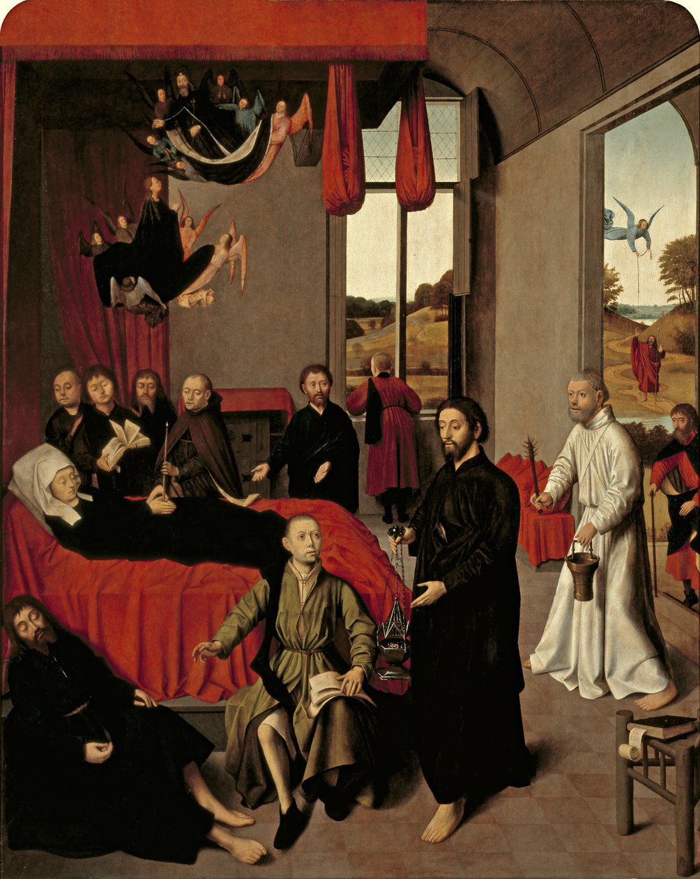The Death of the Virgin, n. 1460-1465 (öljy tammella siirretty mahonkiin ja kehto) tekijältä Petrus Christus
