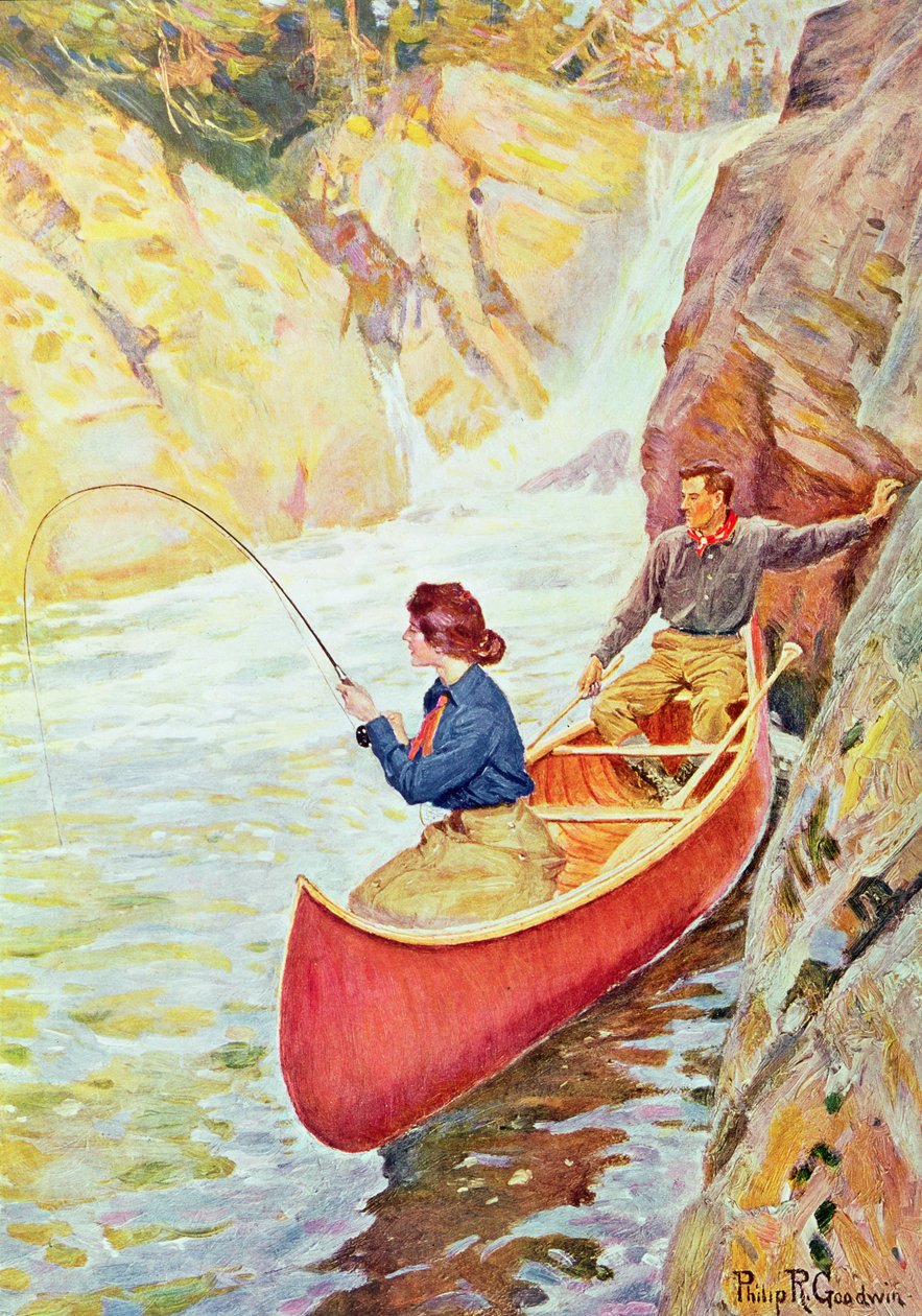 Pariskunta kalastaa vesiputouksen lähellä tekijältä Philip Russell Goodwin