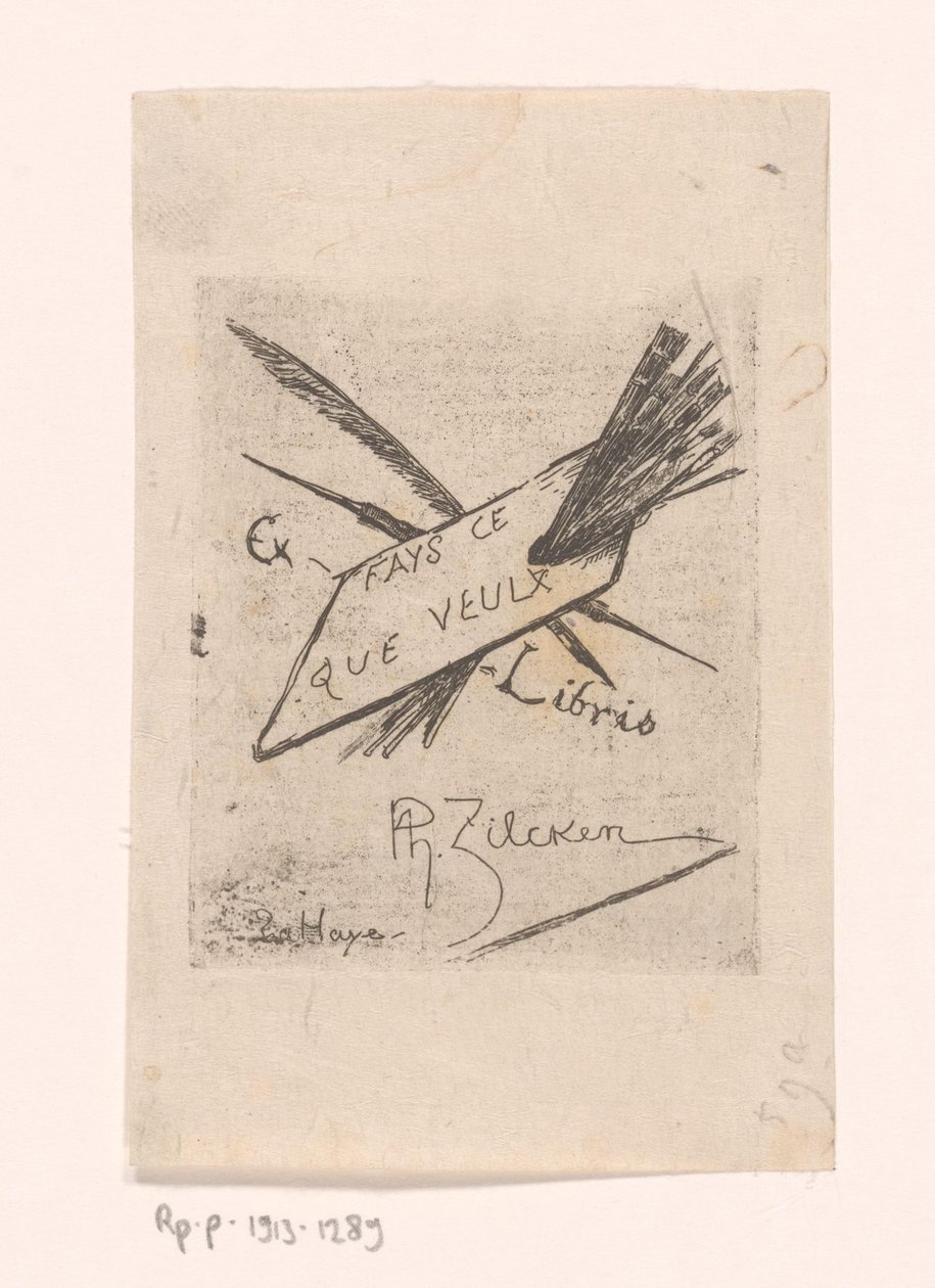 Ex libris kynillä, siveltimillä ja paletilla tekijältä Philip Zilcken