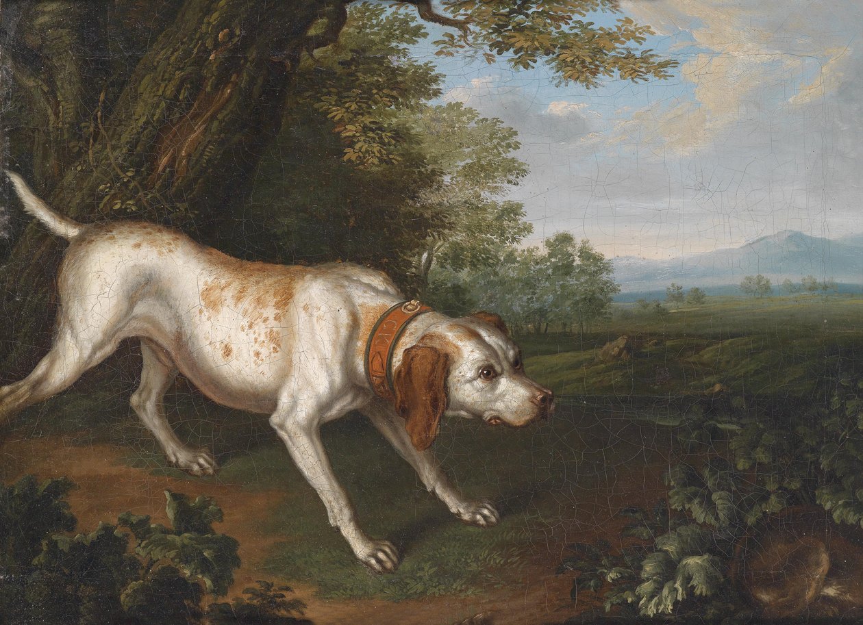 Ein die Beute witternder Jagdhund in einer Landschaft tekijältä Philipp Ferdinand de Hamilton