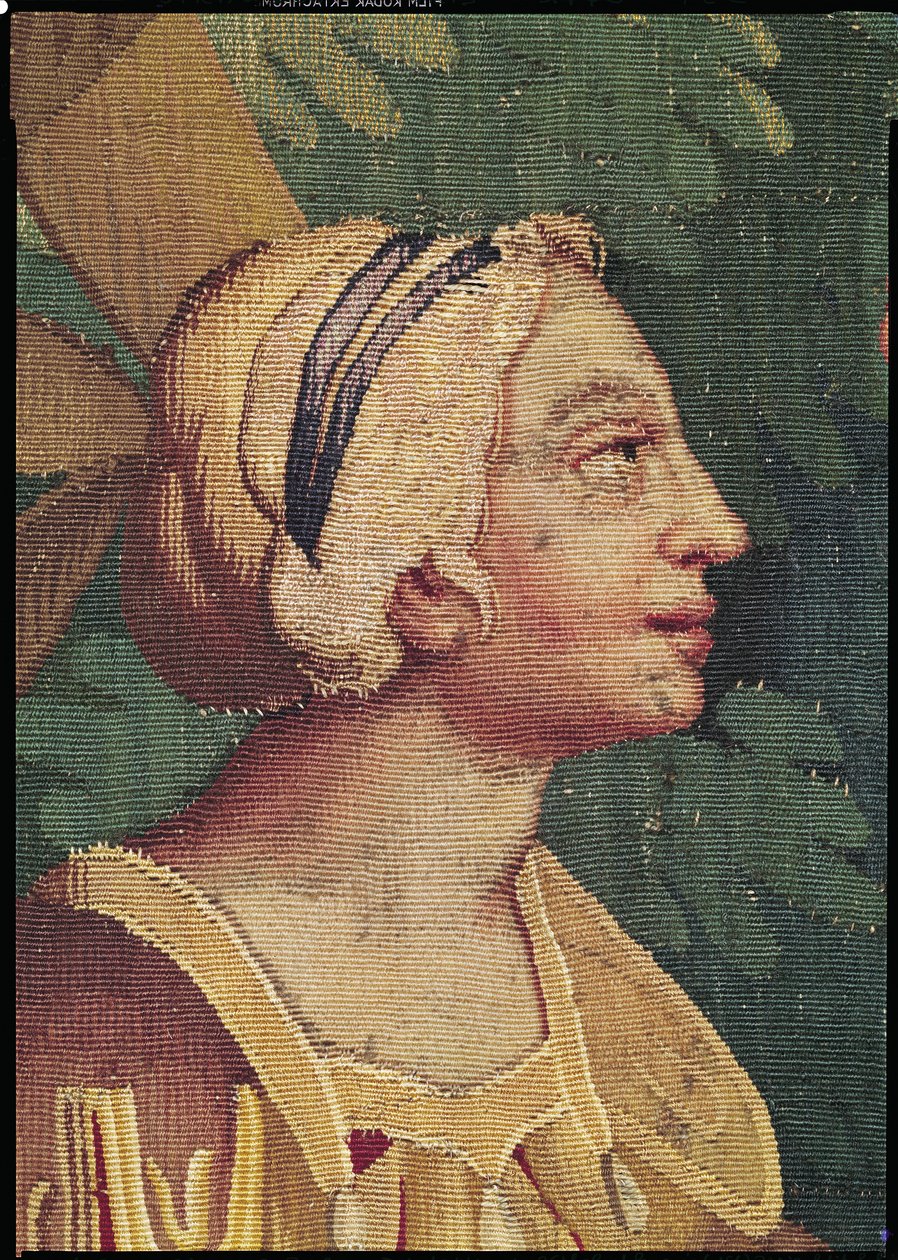 Cephalus ja Procris, yksityiskohta Procris-päästä, Beauvais Workshop kuvakudos tekijältä Philippe Behagle