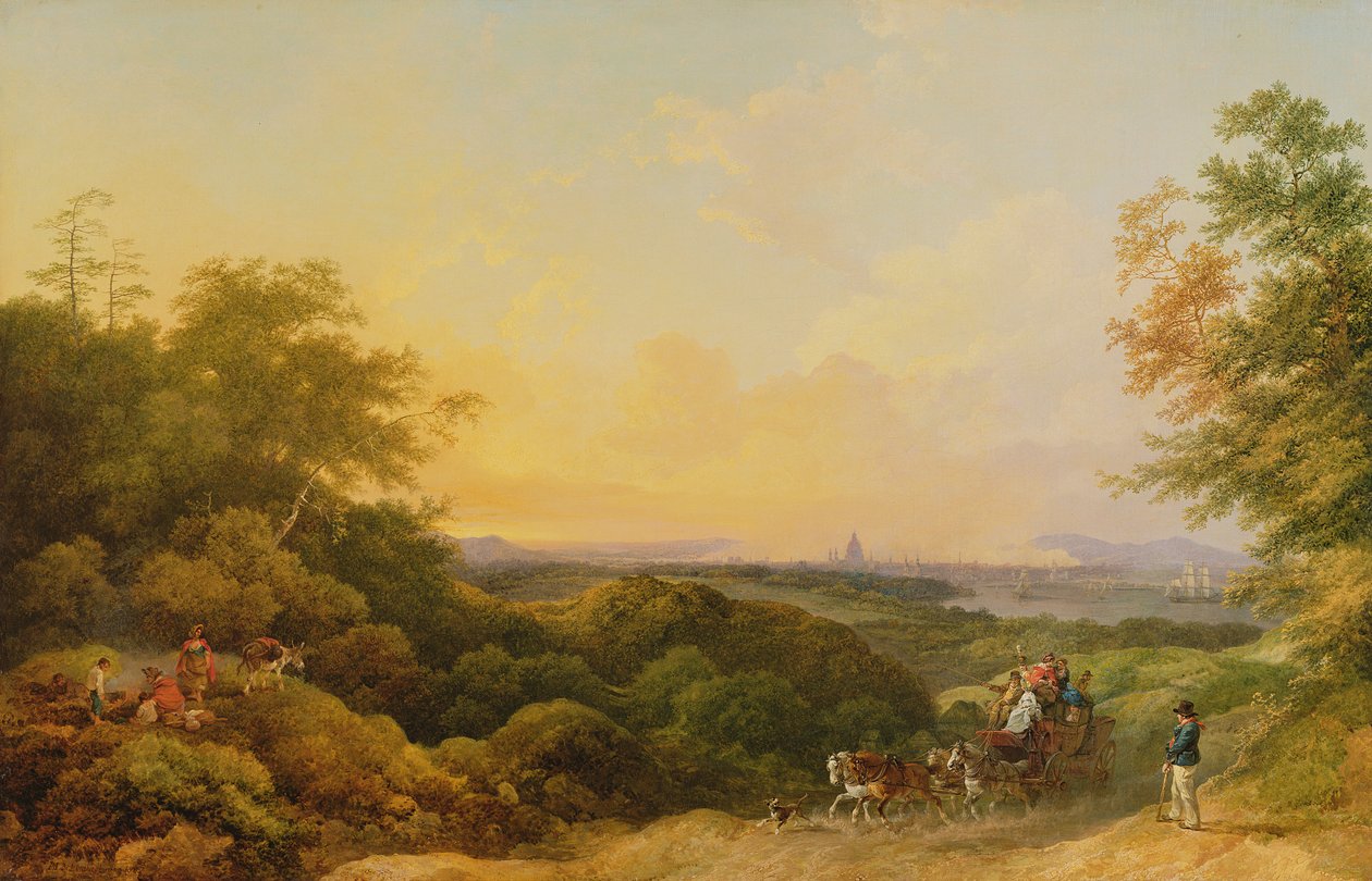 The Evening Coach, Lontoo Greenwichistä, 1805 tekijältä Philippe Jacques de Loutherbourg