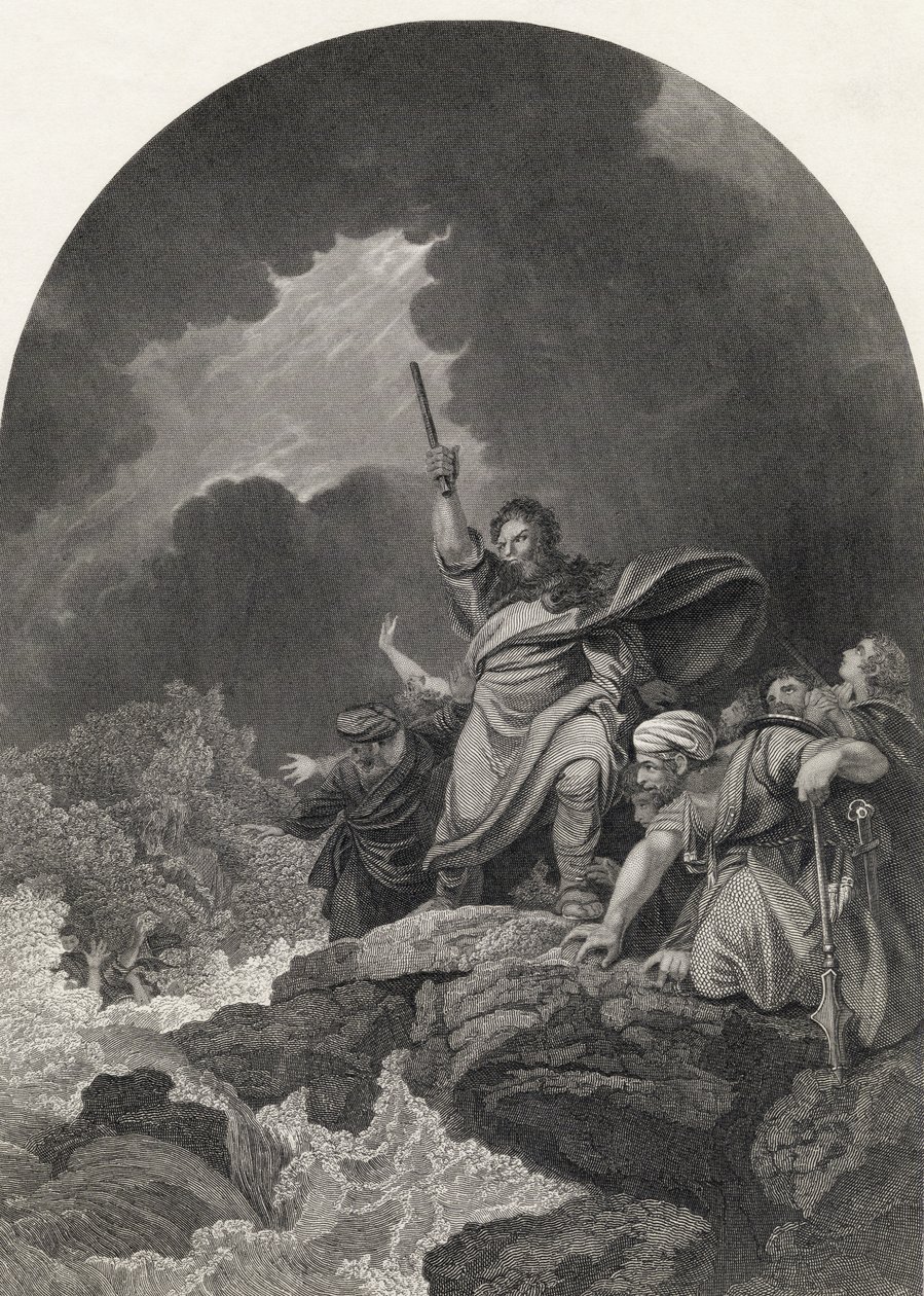 S. Allenin kaiverrettu kuva faraon sotajoukon tuhosta, The National Illustrated Family Bible -teoksesta, julkaistu noin vuonna 1870. tekijältä Philippe Jacques de Loutherbourg