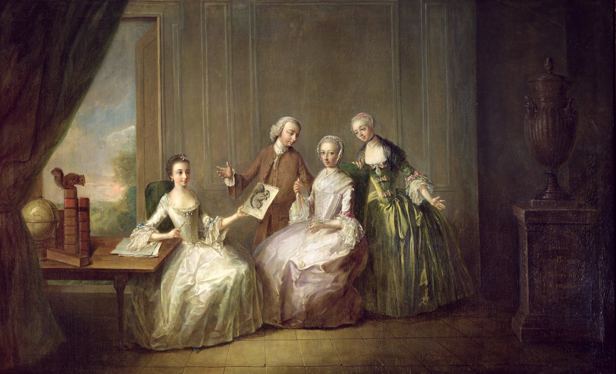 Perhe sisätiloissa oravien kanssa, mahdollisesti Burtonin perhe Elthamista, Kentistä, 1755-60 tekijältä Philippe Mercier