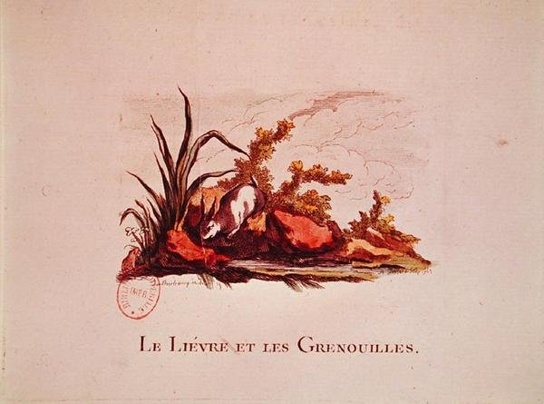 Jänis ja sammakot, kuvitus Jean de la Fontainen (1621-95) taruista 1823 tekijältä Philippe de after Loutherbourg