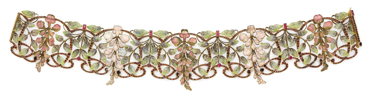 Art Nouveau -multihelmi ja emali "Glycines"-choker tekijältä Philippe Wolfers